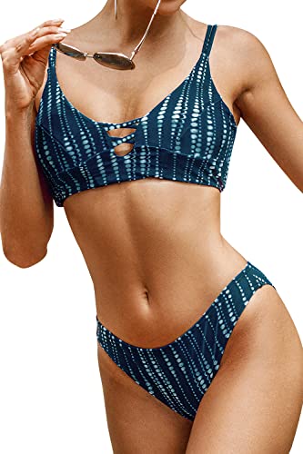 CUPSHE Women s Dream Space Lace Up Bikini Set Beach Swimwear Medium Dark Blue