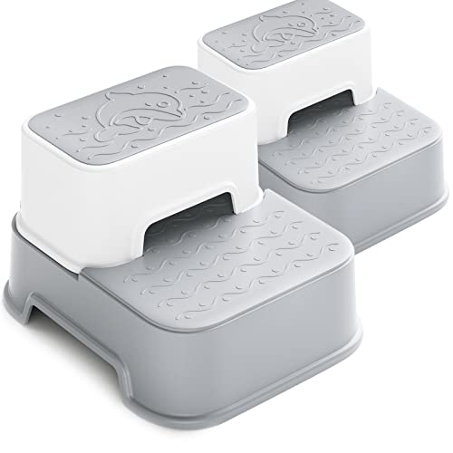 2 Step Stool for Kids (2 Packs),Toddler Stool for Bathroom Sink,Potty Training,Toilet Stool, Slip Resistant(Grey)