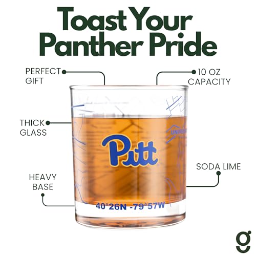 Image of Greenline Goods University of Pittsburgh Panthers Whiskey Glasses Set of 2, 10 oz Rocks Glasses with Full-Color Logo & Campus Map - Officially Licensed Bourbon Glass Gift for Alumni & Fans