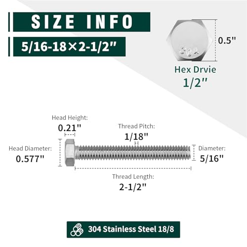 Image of (10 Sets) 5 /16-18 x 2-1 /2 inch Hex Bolt and Nut Kit, 304 Stainless Steel (18-8), Fully Threaded, Flat & Lock Washers Included