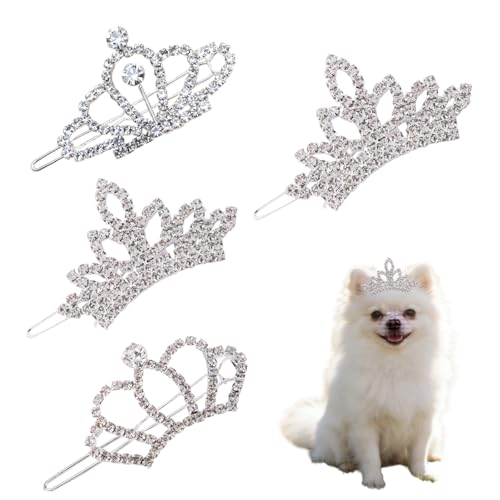 VrotQyn 4Pcs Dog Tiara Glamorous Dog Crown Hair Clips Pet Headband with Sparkling Crystal Accents for Pet Celebrations and Special Occasions