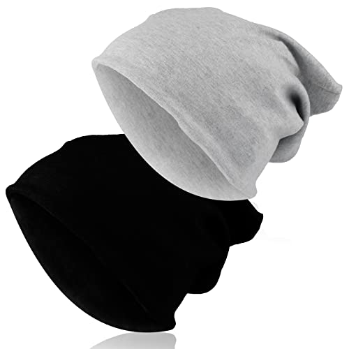 Lot de 2 bonnets légers pour homme et femme - Respirant - Coupe-vent - Chaud - Unisexe - Haute élastique - Idéal pour le printemps, l'automne et l'hiver - Noir + gris, Noir , taille unique Cover