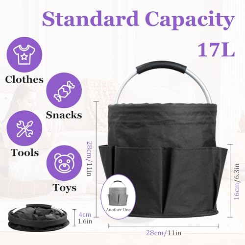 Image of 2Pack 17L Foldable Cleaning Supply Caddy with Handle, Portable Bucket Tool Organizer, Garden Tool Bag in 600D Oxford Fabric, Folding Storage Basket for Outdoor, Bathroom, Black + Dark Gray