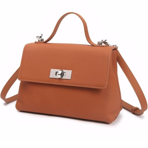 Top Handle Leather Crossbody Bag for Women – Genuine Cowhide Small Satchel Purse with Adjustable Strap, Classic Structured Handbag for Daily Work Travel - Caramel