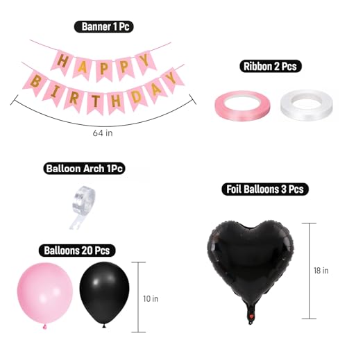 Image of Party Propz Pink Black Happy Birthday Decoration Kit for Girls -27 Pcs, Birthday Decoration Items with Black Heart Foil Balloons, Happy Birthday Banner, Balloons for Birthday, Bday Decor (Cardstock)