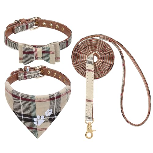 EXPAWLORER Dog Collar and Leash Set - Embroidered Pawprints Plaid With Bow Tie and Bandana, Adorable for Dogs Cats Outdoor Walking, Beige M