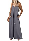 Dokotoo Women's Loose Grey Jumpsuits for Women Adjustable Spaghetti Strap Stretchy Wide Leg Solid One Piece Sleeveless Long Pant Romper Jumpsuit with Pockets 2025 Fashion Medium