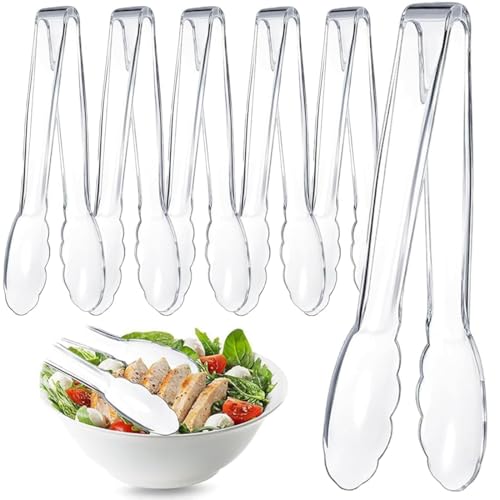 6 Pcs Clear Kitchen Tongs, Plastic Disposable for Serving Food, Ice, Salad, Barbecue, Cookies, BPA-Free(8.85 Inch)