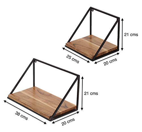 Image of Acacia Wood Floating Wall Shelf with Black Iron Frame Rustic Wall Mounted Storage Display Shelf for Living Room Bedroom Bathroom Kitchen Office Home Decor Set of 1