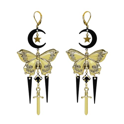Gothic Moon & Star Butterfly Drop Earrings – Exaggerated Long Pendant Stud Earrings for Women, Vintage Brass Jewelry, Boho Punk Style Statement Piece