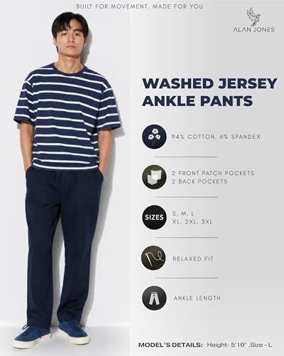 Image of Alan Jones Clothing Mens Washed Jersey Cotton Ankle Pants | Soft Stretch Jersey Cotton | Elastic Waist with Drawstring