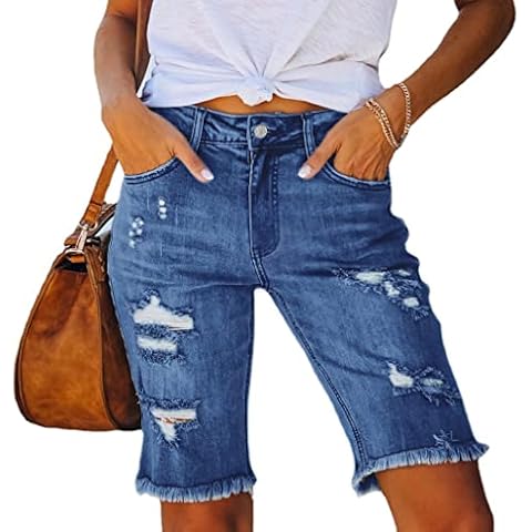 Women's Ripped Denim Jean Bermuda Shorts High Waisted Stretchy Hem Short Jeans, Dark Blue, Medium Cover