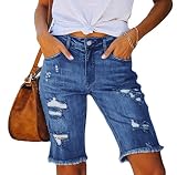 Women's Ripped Denim Jean Bermuda Shorts High Waisted Stretchy Hem Short Jeans Dark Blue XX-Large