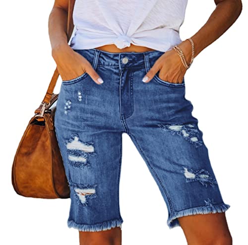 Women's Ripped Denim Jean Bermuda Shorts High Waisted Stretchy Hem Short Jeans Dark Blue Xx-Large #TOP26