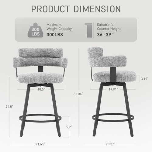 FERFALDER Counter Height Bar Stools with Full Back – Swivel Counter Stools Set of 2 with Linen Padded Back, Metal Footrest, Modern Barstools for Kitchen Counter, Island, Dining Room, Grey 24 inch - Thumbnail 2