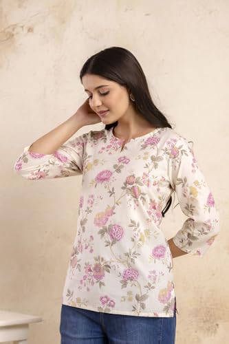 Image of Women's Floral Print Tunic Top, 3 /4 Sleeve, V-Neck, Casual Wear