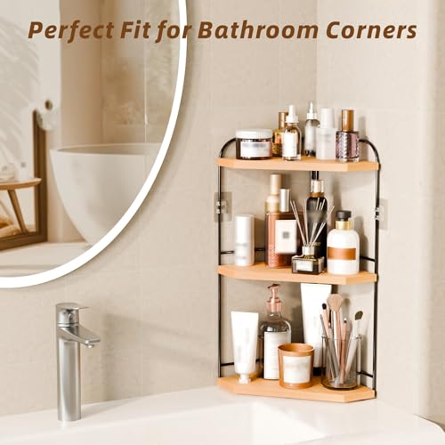Image of Corner Bathroom Counter Organizer, 3-Tier Wood Countertop Organizer | Skincare Organizers for Vanity, Makeup Storage, Counter Corner Shelf for Kitchen, Bathroom, Dresser, Natural