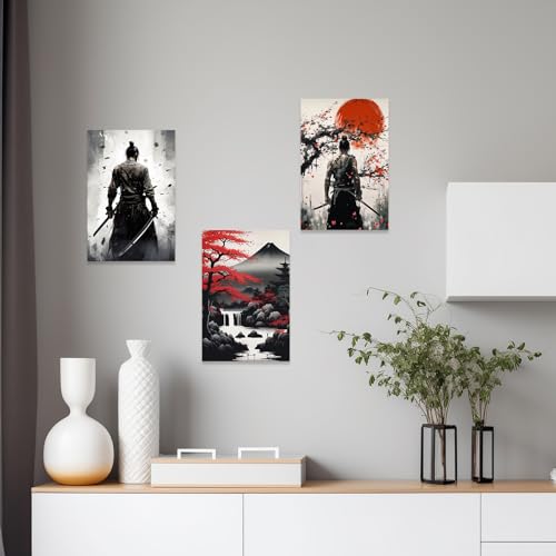 Image of CCWACPP 3 Piece Samurai Wall Art Japan Painting Canvas Print Warrior Figure Pictures Bushido Posters Japanese Culture Theme Artwork Home Room Decor Framed (C, (16 inchx24 inchx3))