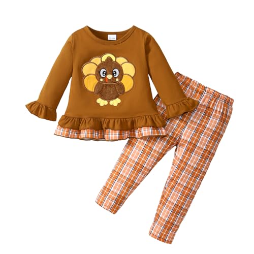 Noubeau Toddler Baby Girl Thanksgiving Outfits Cute Turkey Ruffled Shirt Flared Sleeves Top Polka Dot Pants
