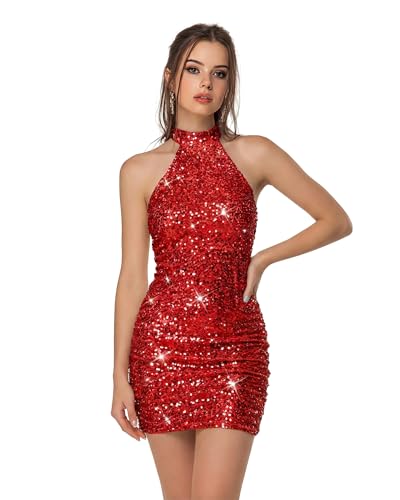Kaelith Womens Velvet Sequin Dress Sparkly Halter Mini Dress for Homecoming Cocktail Party Night Out Sexy Bodycon Outfit Red
