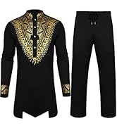 Pacinoble Mens African 2 Piece Set Metallic Traditional Suit Floral Printed Mens African Dashiki ...