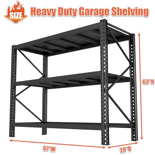 Image of Heavy Duty Metal Garage Shelving Unit, 3-Tier Adjustable Storage Shelves, 3000LBS for Garage & Basement, Kitchen and Pantry Industrial Steel Rack, Ideal for Tool Organization & Storage, Black, 67 inchW