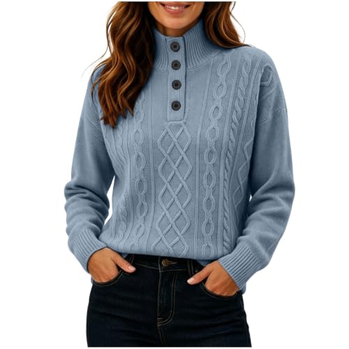 Sweaters for Women Mock Neck Cable Knit Pullover Button Collar Loose Fall - image 1