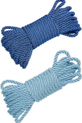 2 Pack All Purpose 32 feet 8mm(1/3inch) Diameter Soft Silk Rope Solid Braided Twisted Ropes,10m Durable and Strong All Purpose Twine Cord Rope String Thread Cord (Blue and Light Blue)