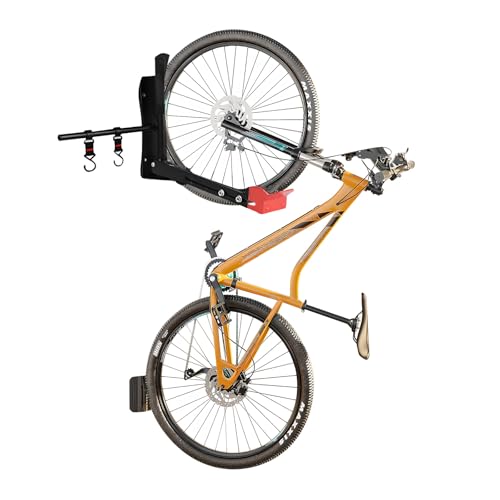 CryoKing Adjustable Bike Wall Mount, Swivel Bicycle Wall Hanger, Steady Rack Holds up to 77lbs, Vertical Garage Cycle Rack with two Storage Hooks, Horizontal Indoor Bike Hanger for one Bicycle Storage
