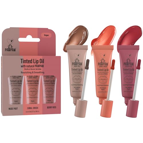 Dr.PAWPAW Tinted Lip Oil Trio Pack 3 x 8ml Lightweight Hydrating Lip Oils with Sheer Tint Vegan Glossy Finish for Soft Nourished Lips Everyday Lip Care Set