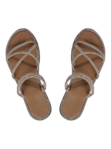 COZYEASE Women's Glitter Rhinestone Decor Flat Sandals Criss Cross Strappy Slides Open Toe Slippers