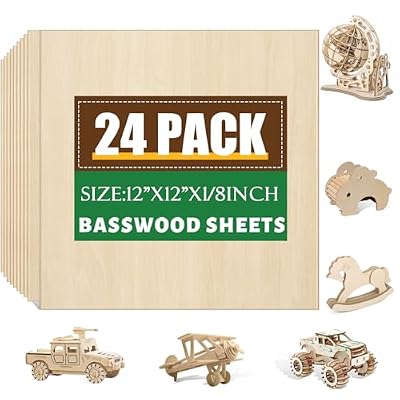 24 Pack Basswood Sheets 1/8 x 12 x 12 Inch for Crafts, Basswood Sheets Plywood Sheets for Laser Cutting & Engraving, Wood Burning, Architectural Models.Unfinished Wood Sheets for DIY Projects.