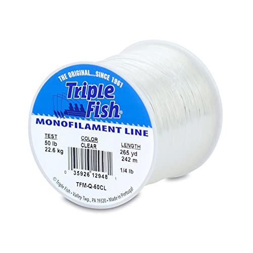 Triple Fish Monofilament Line, 50 lb / 22.7 kg Test.028 in / 0.70 mm Dia, Clear, 1/4 lb / 0.11 kg Spool, 265 yd / 242 m, (TFM-Q-50CL)