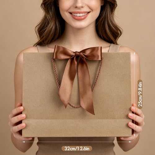 Image of JMANNI Gift Bags with Handles, 13 inch Medium Gift Bag for Presents, 8 Pcs Bags with 16 Tissue Paper and 8 Cards for Baby Shower Wedding Bridal Shower Mother's Day Birthday Party (brown