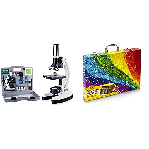 AmScope 120X-1200X 52-pcs Kids Beginner Microscope STEM Kit with Metal Body Microscope, Plastic Slides, White & Crayola Inspiration Art Case Coloring Set, Gift for Kids, 140 Art Supplies