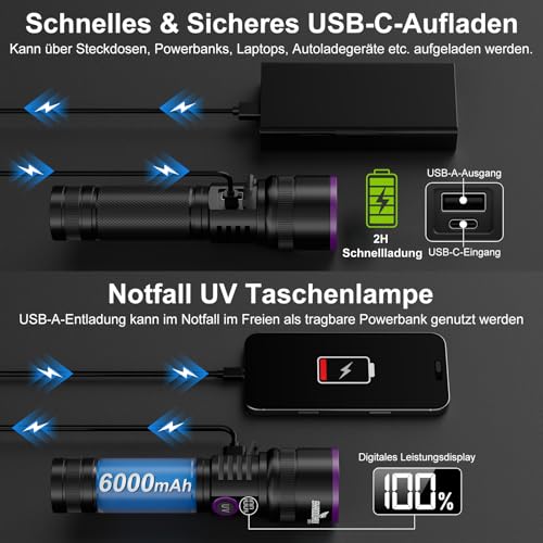 Shadowhawk 365nm UV Taschenlampe Mit Filterlinse - 30W Schwarzlicht 4-Kern Aufladbar UV Lampe, UV Licht Flashlight Für Bernstein/Tierurin-Test/Resin Härten/Scorpions/Geldscheinprüfung, Mit LCD-Display