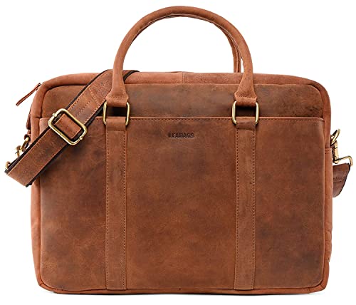 LEABAGS Bolso para Hombres y Mujeres | Bolsa de Portátil de Cuero Genuino de hasta 16" | Bolso Bandolera con Correa | Bolso de Hombro | Bolsa Mensajera | Bolsa de Trabajo | Vintage Marrón Rojizo
