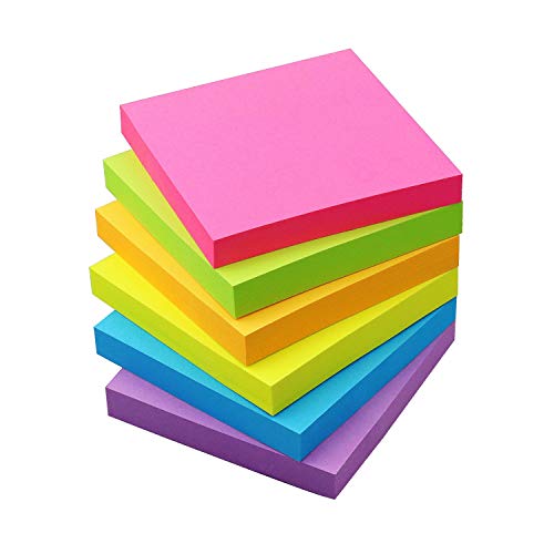 Sticky Notes 3x3 Self-Stick Notes Pads with 6 Bright Colors, Easy to Post for Office, Shool, Home, 6 Pads/Pack, 100 Sheets/Pad(Standard)