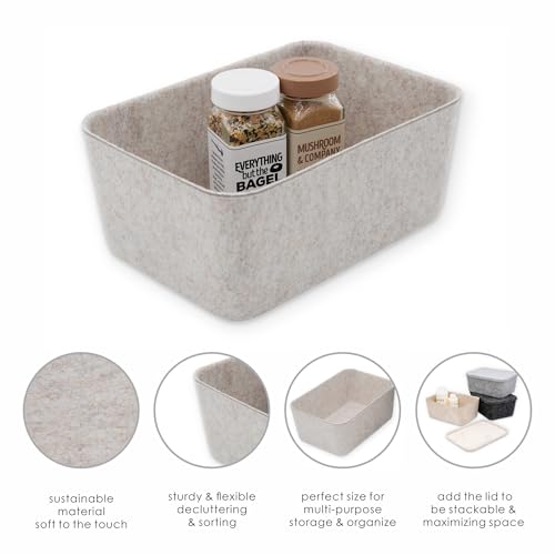 Image of Welaxy Felt deep Storage Bins lidded Drawer Organizer Caddy for junk stuff stationery makeup jewelry closet bathroom minimalist lifestyle (Oatmeal Bin, S)