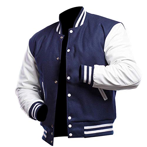 LP-FACON Vestes universitaires pour homme – Blouson de baseball Bomber High School Noir Letterman, bleu marine, 4XL