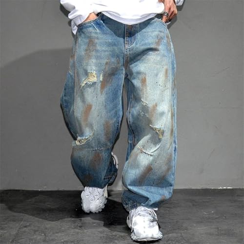 Men’S Casual Streetwear Ripped Baggy Cargo Denim Full Length Pants Button Fly Midweight Distressed Hole Detail4