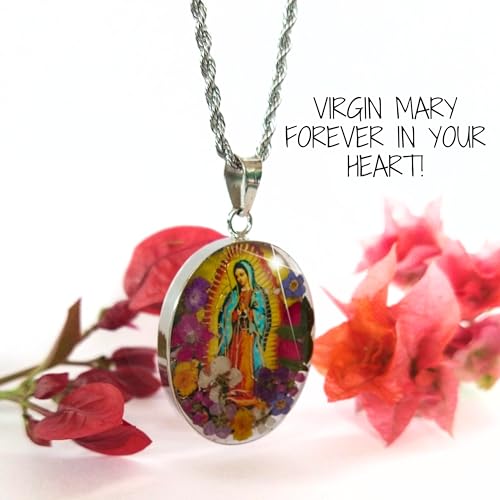 Virgin Mary Necklace Lady of Guadalupe Pendant Mary Medal Pressed Flower 925 Sterling Silver with 20" Stainless Steel Chain Medalla Virgen Maria Catholic Religious Mexico Jewelry -Handmade by Mexican3