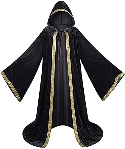 Colorful House Velvet Wizard Robe with Hooded and Sleeves, Halloween Fancy Cool Cosplay Costume(Black, 56'/142cm)