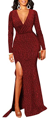 Image of Women's Sexy Long Sleeve Sparkly Maxi Dress V Neck High Slit Wrap Formal Gown Cocktail Glitter Maxi Long Dresses