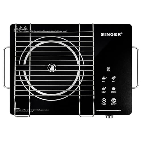 Image of SINGER Infrared Venus Pro 2200W Induction Cooktop | Glass Top | Touch Control | 4 Preset Modes | Zero Flame Cooking | 3-Hour Timer | Suitable for All Utensils | Grill Set Included - Black