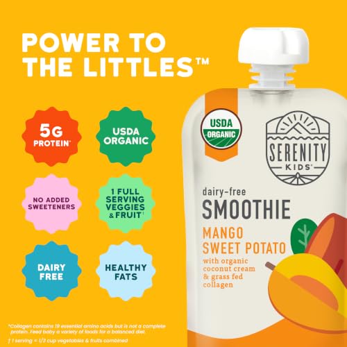 Image of Serenity Kids Baby Food Pouches, Toddler Snacks, Smoothie, 3.5 Oz, 12 Pack | 5g Protein, Organic Dairy Free Baby Puree, Baby Snacks, Toddler Food, Gluten Free Snacks, Smoothie Pouch