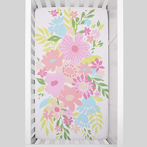 Image of NoJo Floral Burst Pink, Blue, Green and White Flower 100% Cotton Photo Op Fitted Crib Sheet