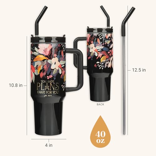 Image of Christian Art Gifts Extra Large Stainless Steel Double Wall Vacuum Insulated Travel Tumbler for Women: Hope & Future Inspirational Scripture, Lid, Straw, Sturdy Handle, Black Multicolor Floral, 40 oz.