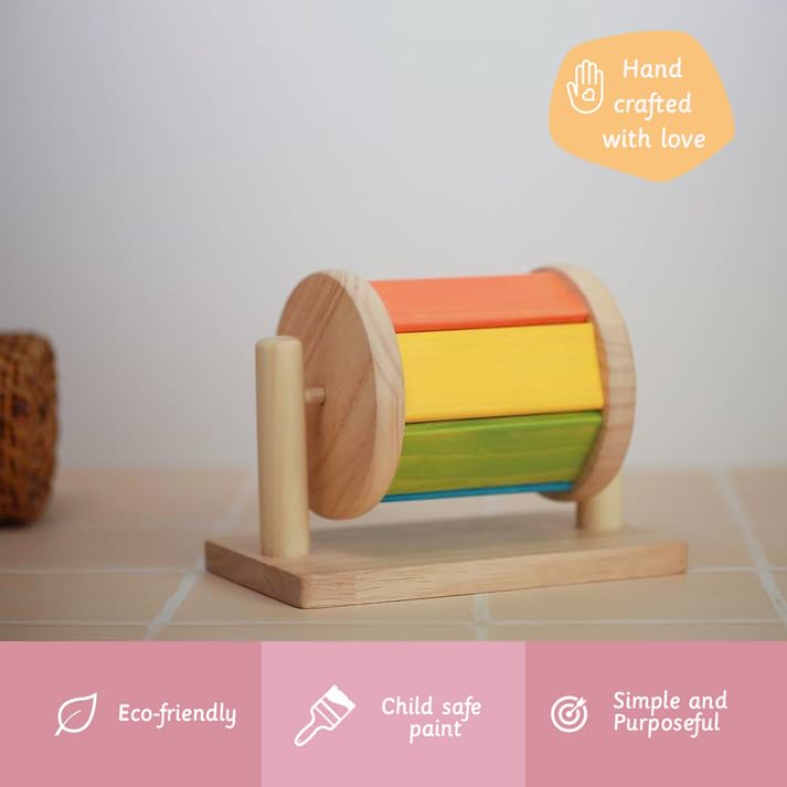 Image of Ariro Toys Wooden Spinning Drum for Babies 0-12 Months | Montessori Tummy Time Activity | Non-Toxic Wood & Paint | Visual Tracking & Motor Skill Development