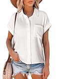 Astylish Womens Casual Short Sleeve Western Button Down Gauze Shirts Comfortable V Neck Summer Cotton Plain Top Blouses with Pocket White Small